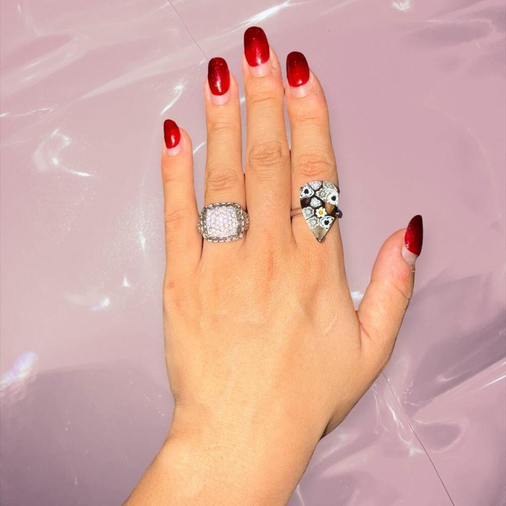 Y2K 925 Sterling Silver iced out signet ring with a unique tribal boho hiphop